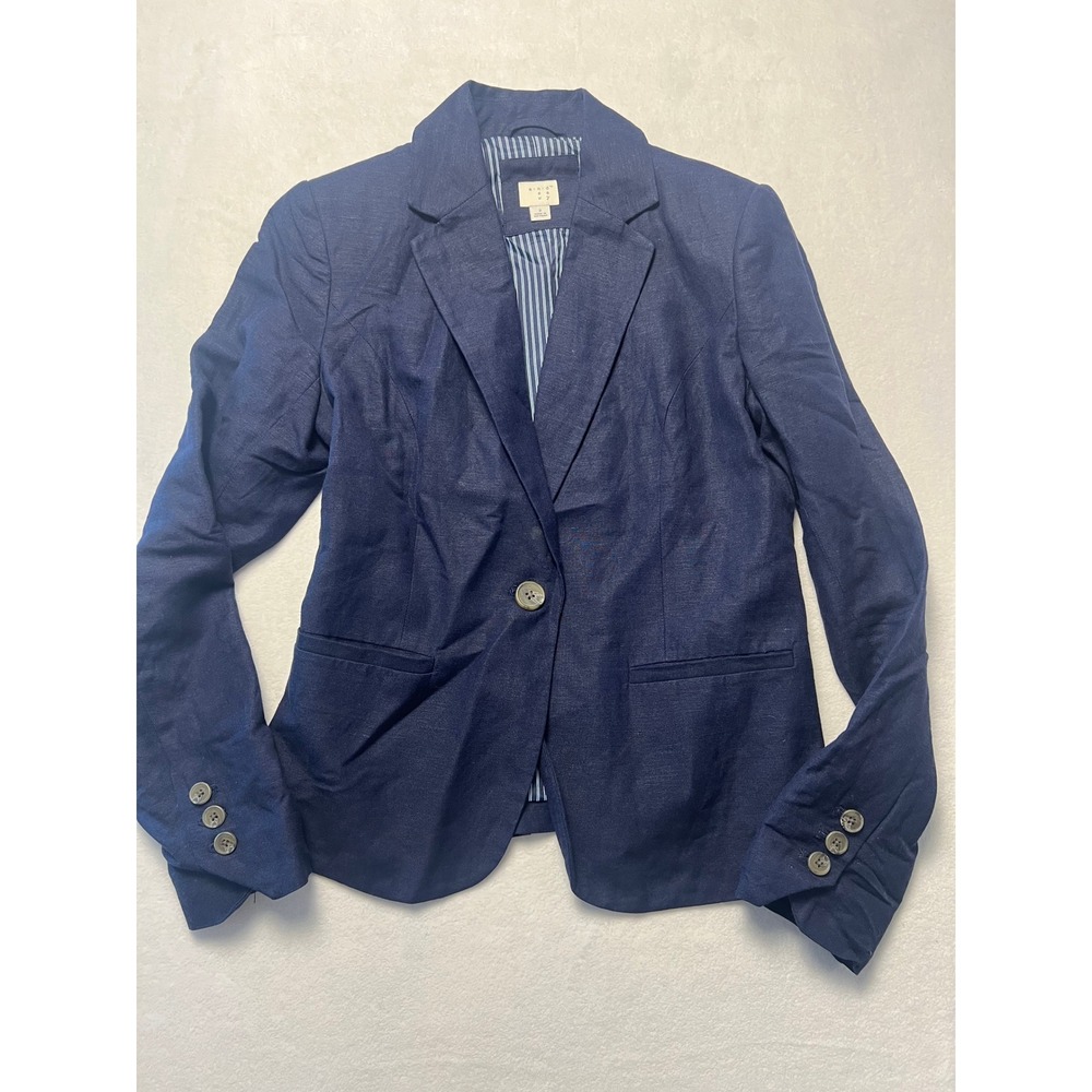 Wm 2 Blazer Professional Career Navy Blue Linen Blend Office Minimalist Corp